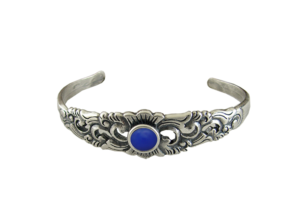 Sterling Silver Detailed Cuff Bracelet With Blue Onyx